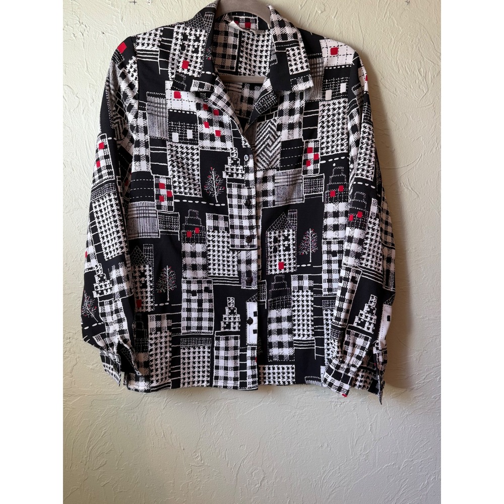 Vintage Allison Daley Womens Black White Red City Button Up Blouse‎ Size 10